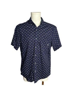 Eddie Bauer Button Down Short Sleeve Shirt L Navy Blue Geometric Classic Fit